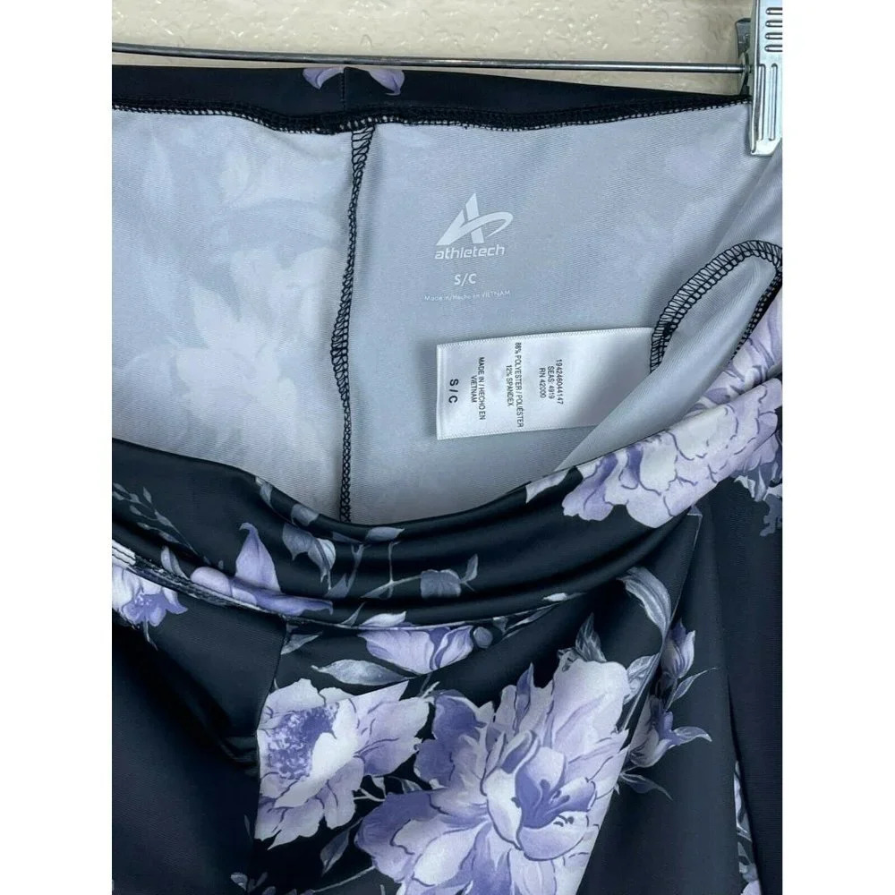 Athletech Leggings Women's Sz S High Waisted Floral Athletic Black Lavender - Picture 9 of 9